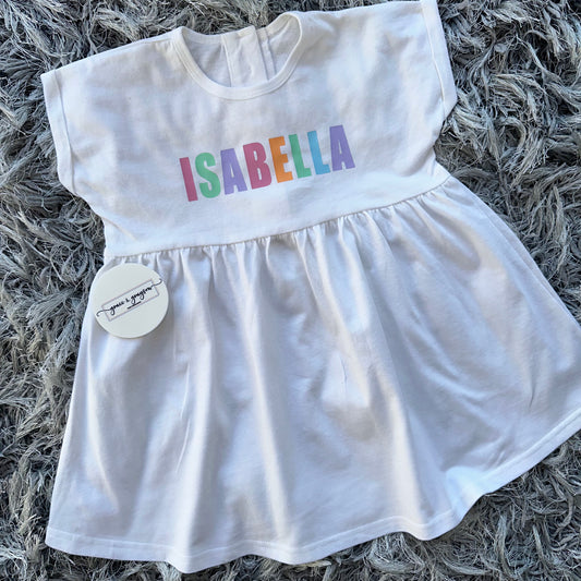 Personalised Pastel Rainbow Name White Summer Dress