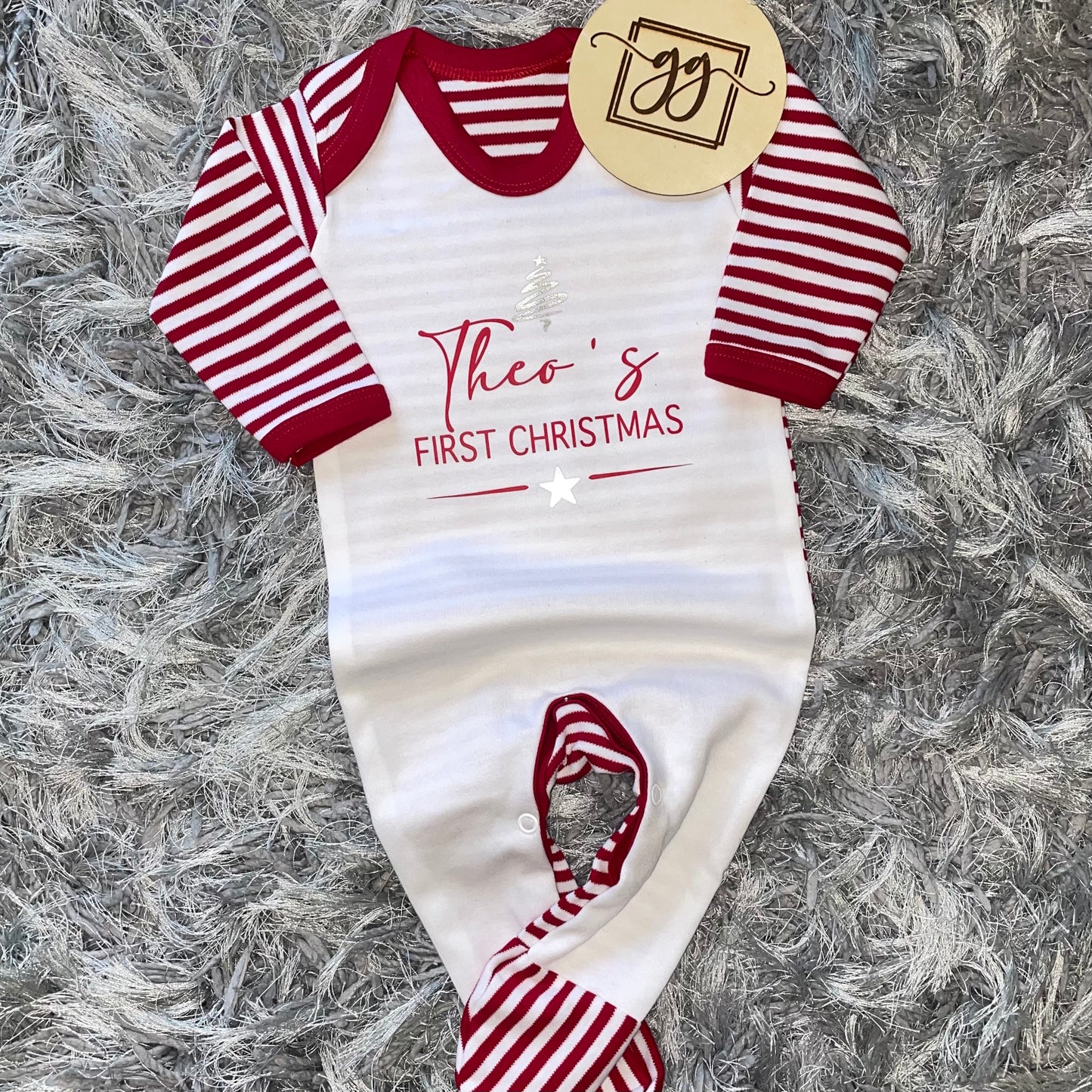 Personalised First Christmas Red & White Stripe Baby Grow