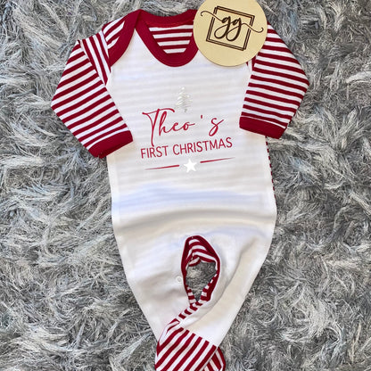 Personalised First Christmas Red & White Stripe Baby Grow