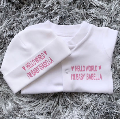 Personalised Hello World Baby Grow Set Grace Grayson