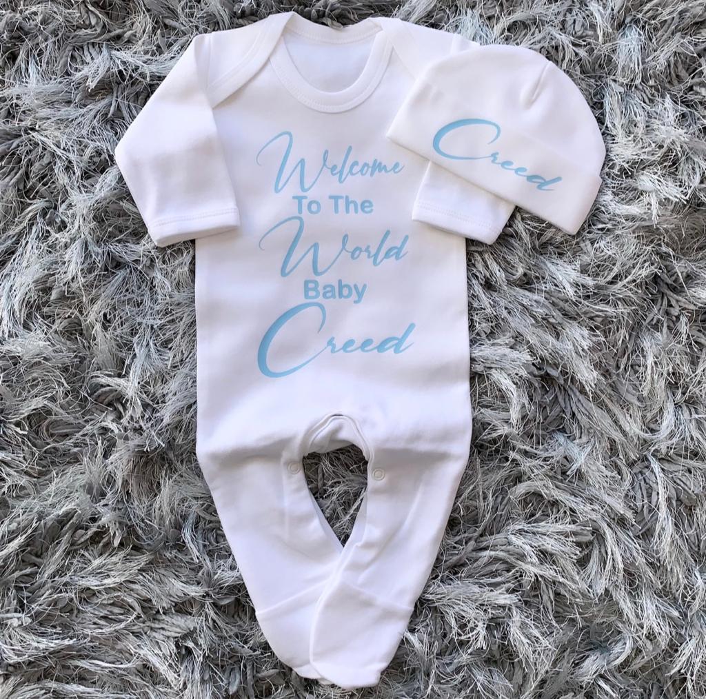 Personalised Welcome To The World Baby Grow Set