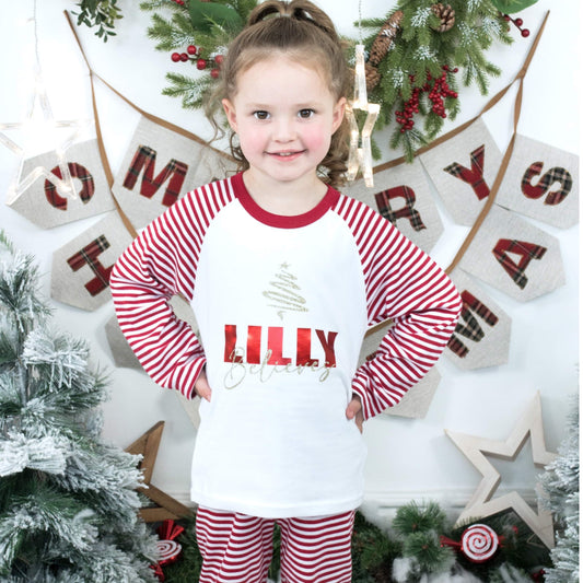 Family Matching Bold Name Believes Red Stripe Christmas Pyjamas