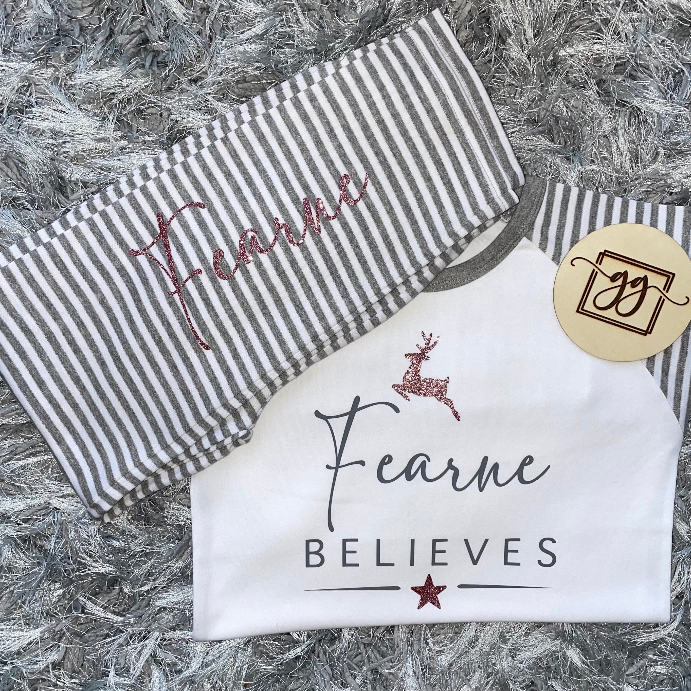 Personalised Believes Grey Stripe Christmas Pyjamas