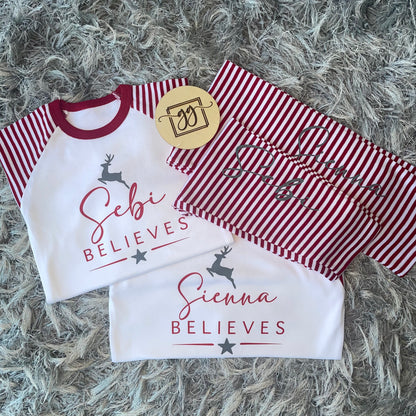 Personalised Believes Red Stripe Christmas Pyjamas