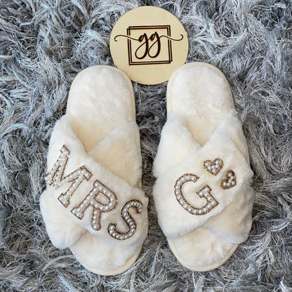 Personalised Pearl Mrs Faux Fur Slippers