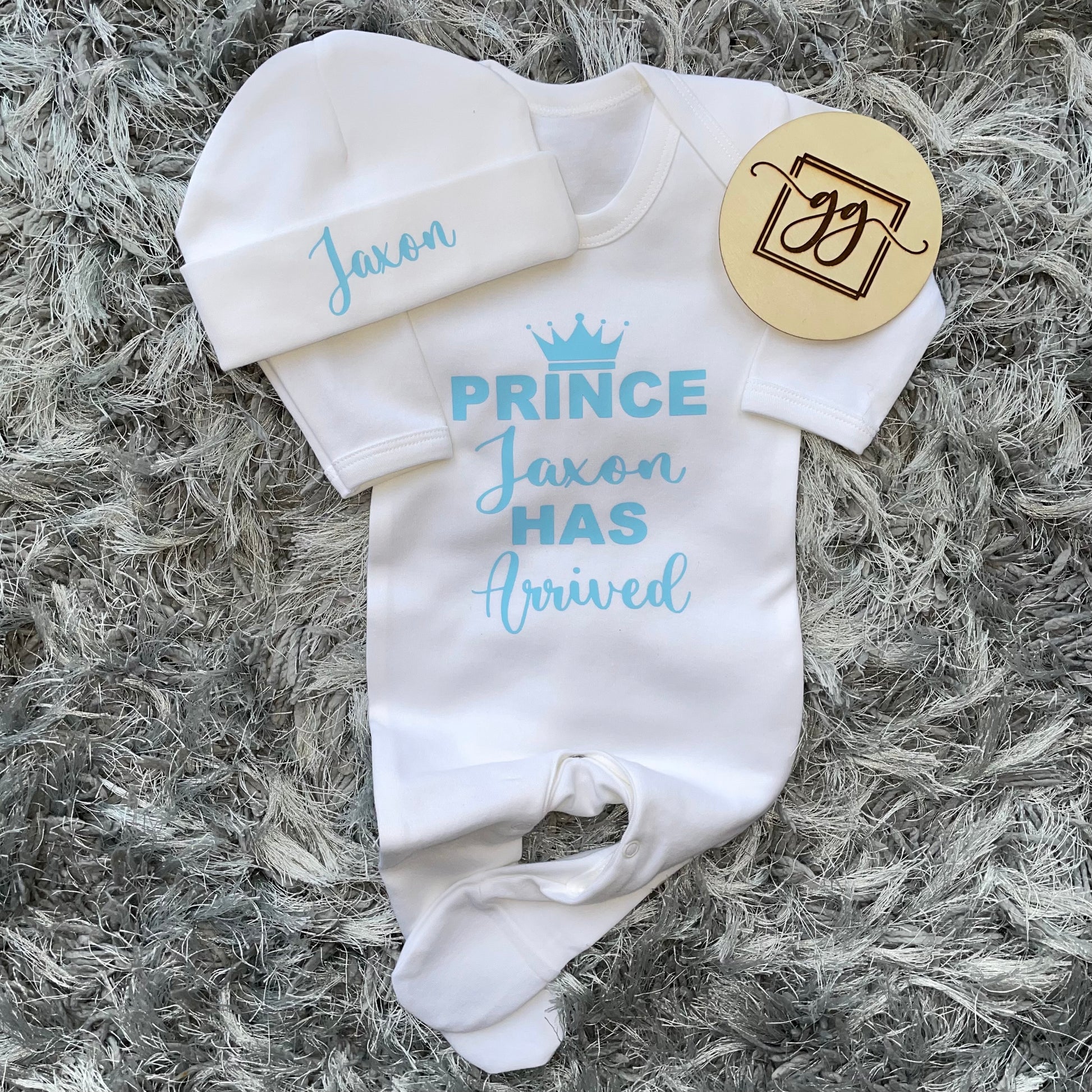 Personalised Prince/Princess Has Arrived Baby Grow Set Grace