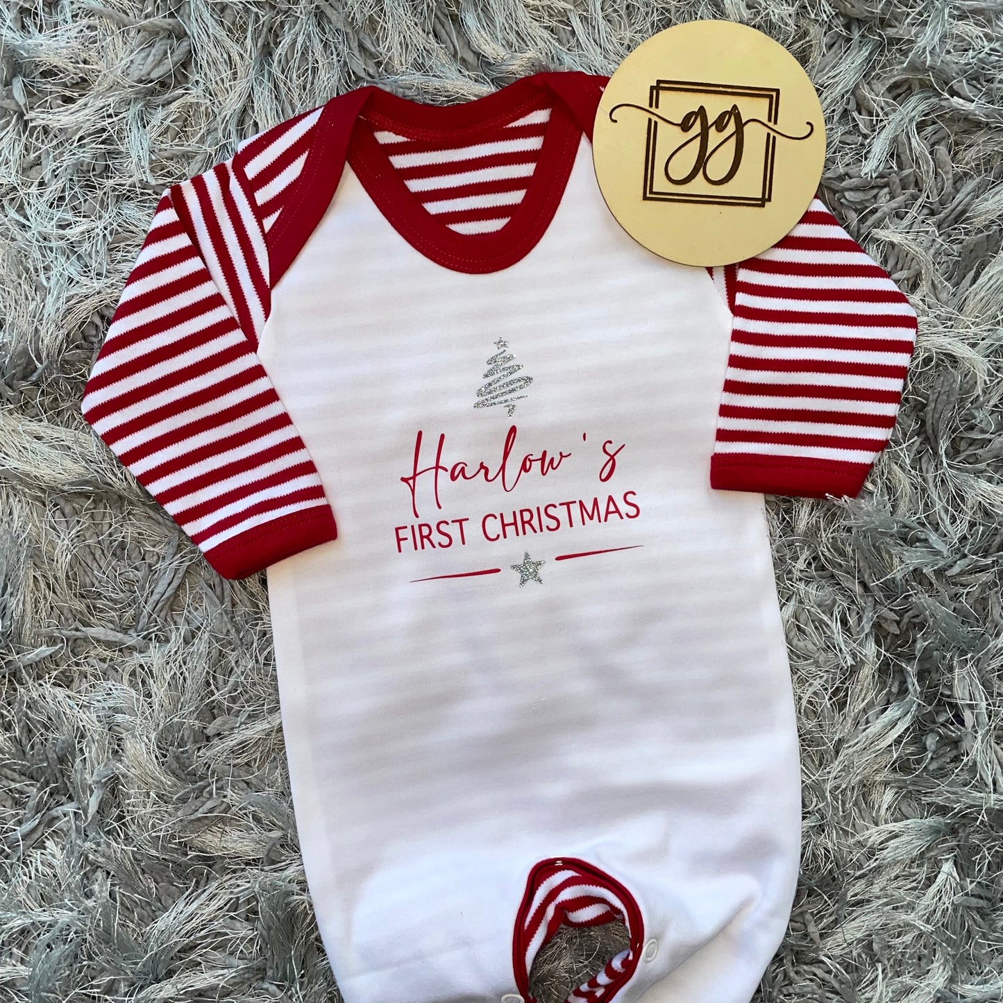 Personalised First Christmas Red & White Stripe Baby Grow