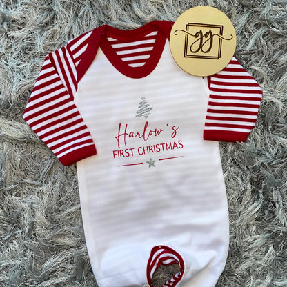Personalised First Christmas Red & White Stripe Baby Grow