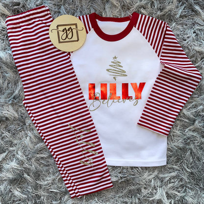Family Matching Bold Name Believes Red Stripe Christmas Pyjamas