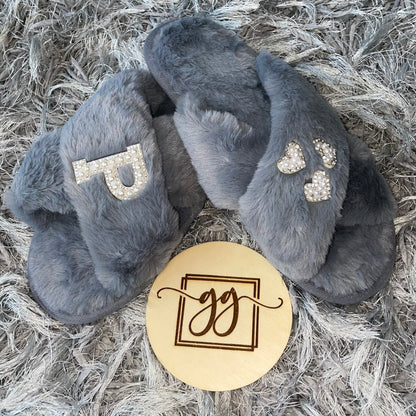 Personalised Pearl Initial & Heart Faux Fur Slippers