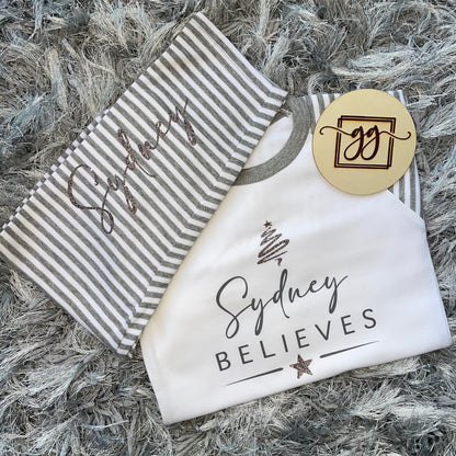 Personalised Believes Grey Stripe Christmas Pyjamas