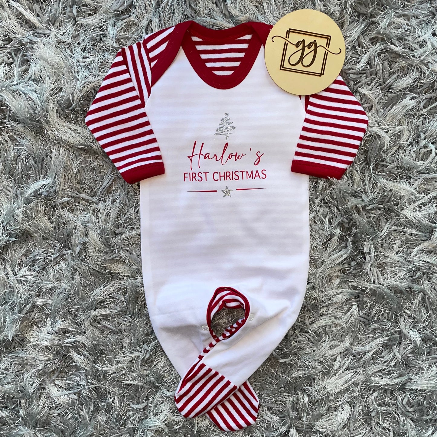 Personalised First Christmas Red & White Stripe Baby Grow