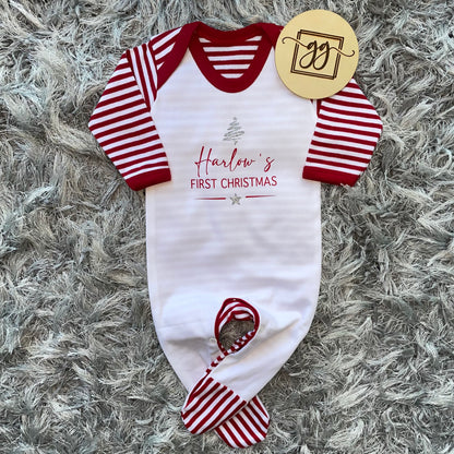 Personalised First Christmas Red & White Stripe Baby Grow