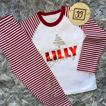 Family Matching Bold Name Believes Red Stripe Christmas Pyjamas