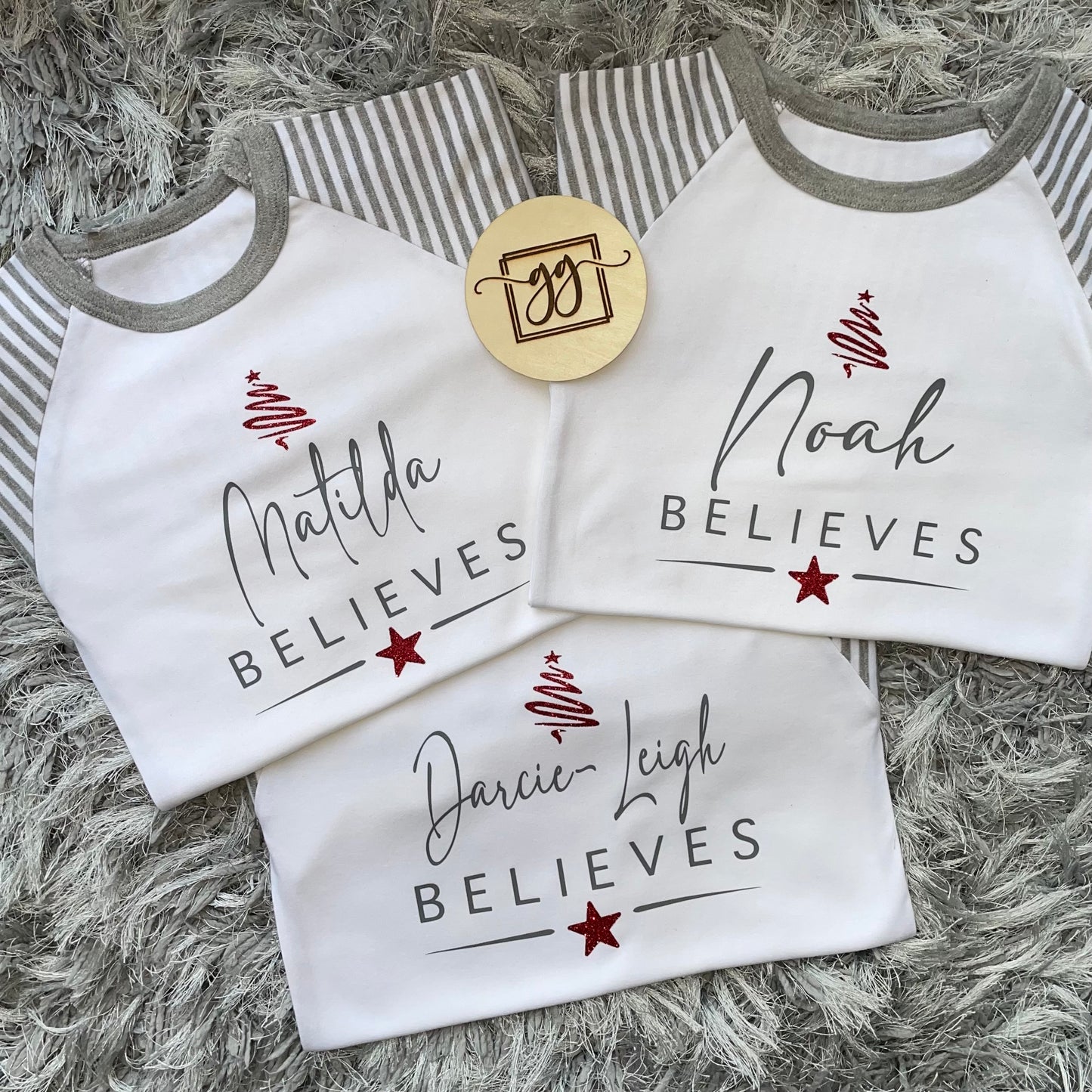 Personalised Believes Grey Stripe Christmas Pyjamas