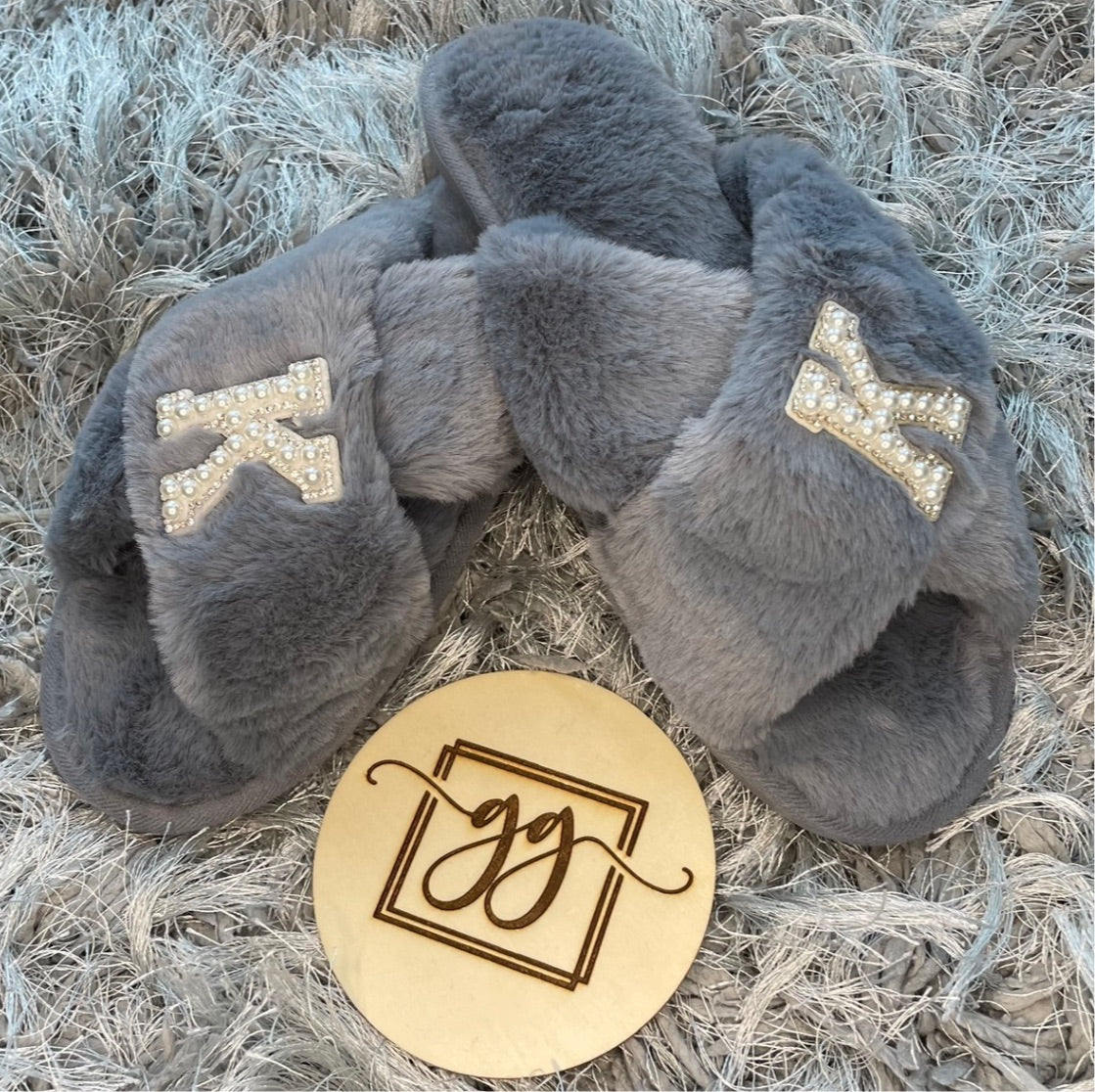 Personalised Pearl Initial Faux Fur Slippers