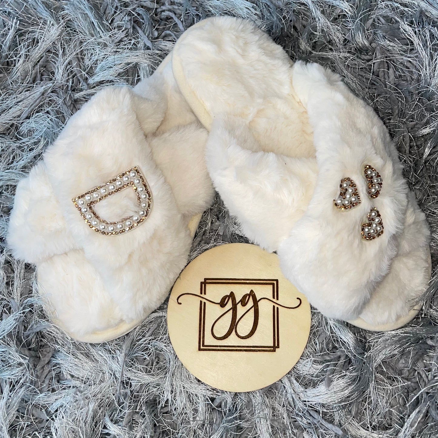 Personalised Pearl Initial & Heart Faux Fur Slippers