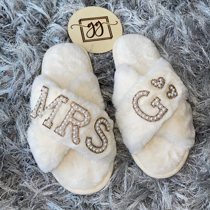 Personalised Pearl Mrs Faux Fur Slippers